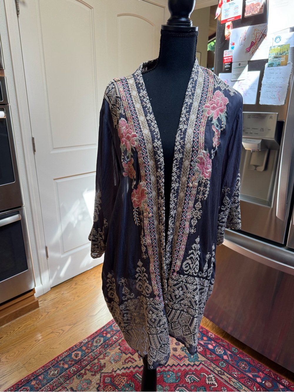 Johnny Was Navy Embroidered Floral Kimono Jacket with Pink Accents